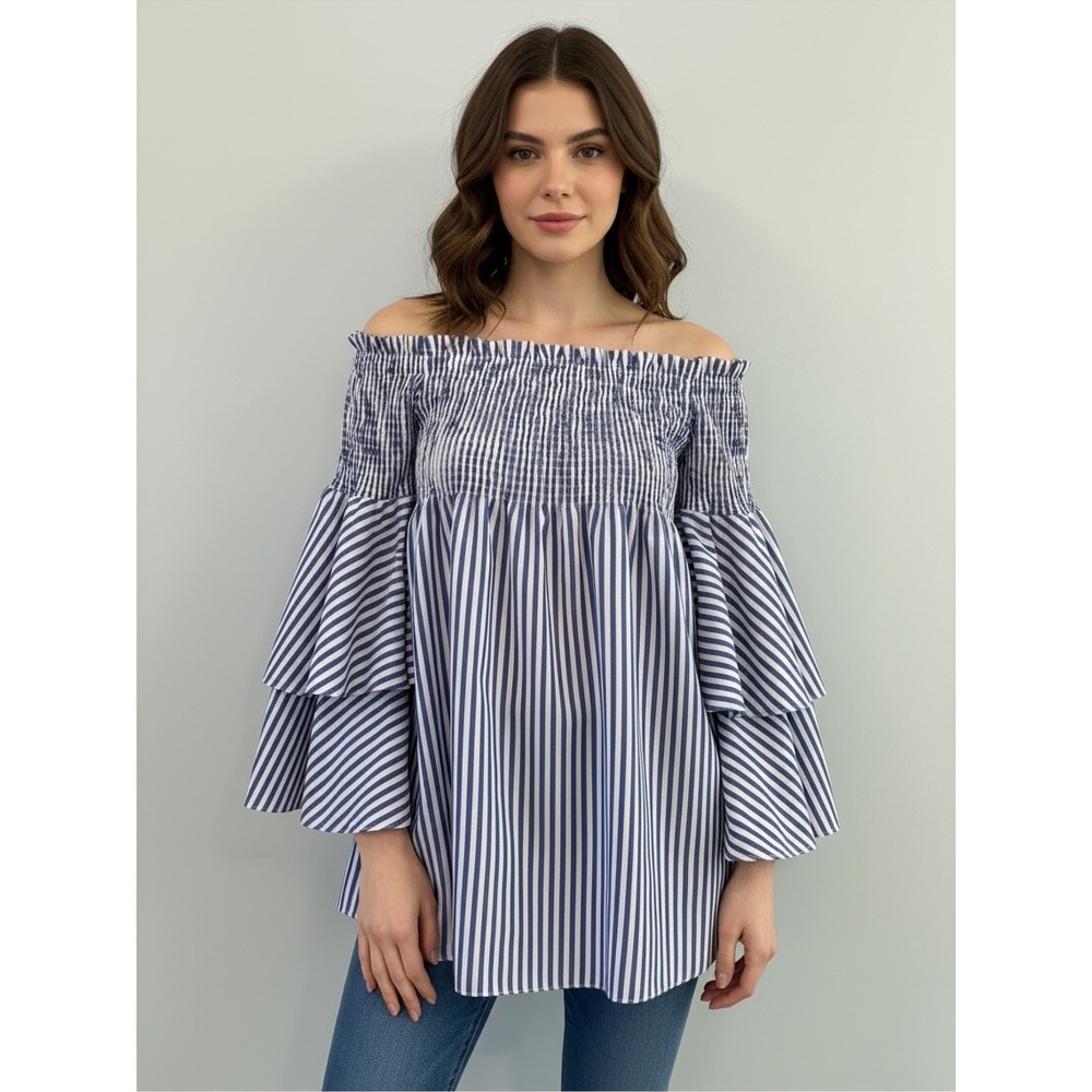 Skylar & Madison Off Shoulder Smocked Top Medium Blue White Stripe Coastal Chic